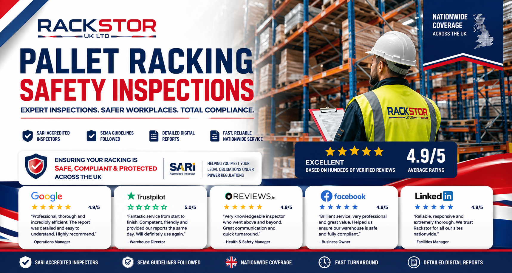 Rackstor UK Ltd pallet racking safety inspections — SARI accredited, SEMA guidelines, nationwide coverage