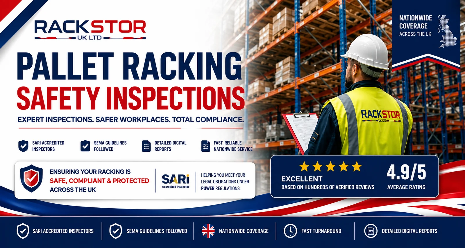 Rackstor UK Ltd pallet racking safety inspections — SARI accredited, SEMA guidelines, nationwide coverage